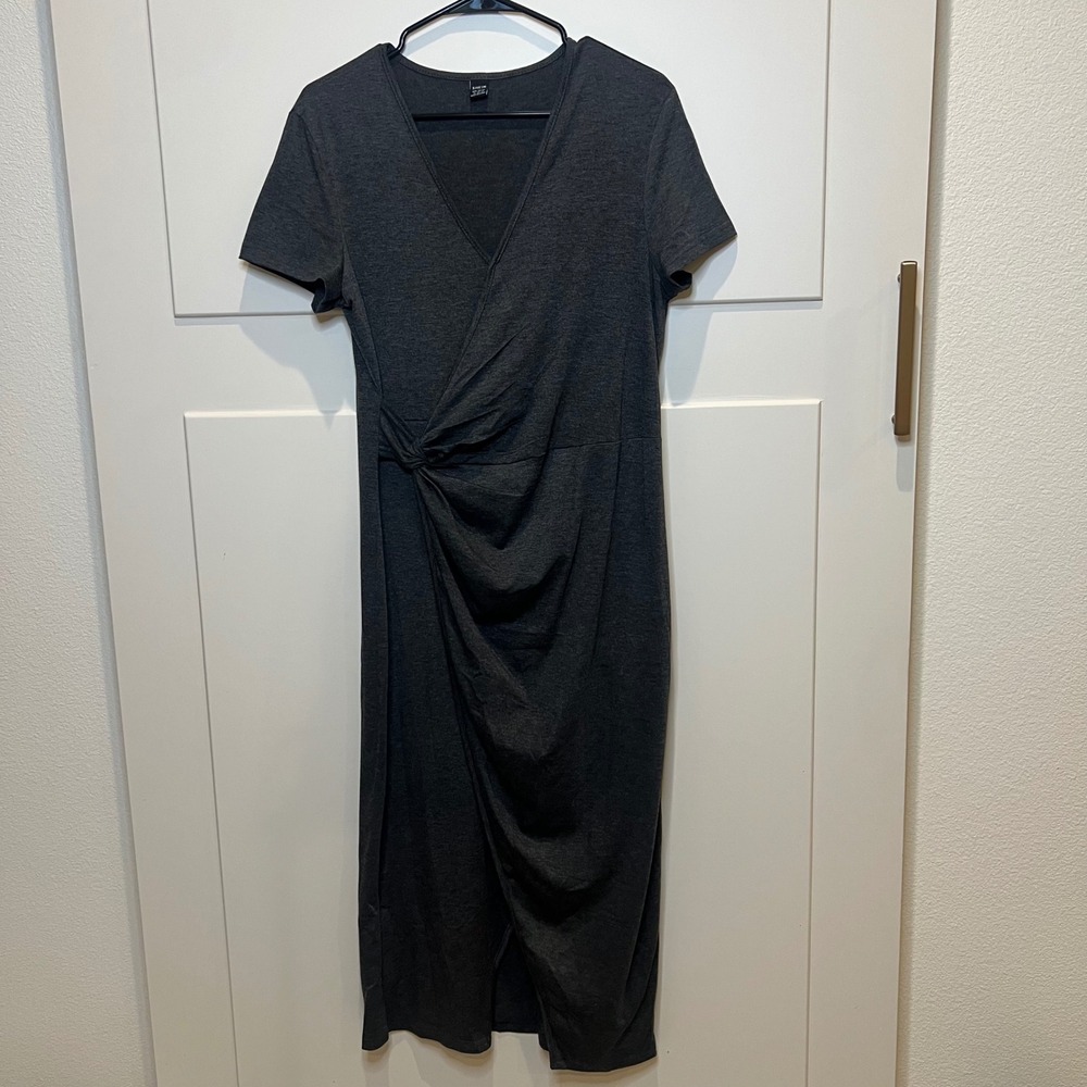 Shein Women's Gray Midi Dress Short Sleeve‎ Knot Front Casual XL Chic